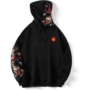 Streetwear Mens Dragon Embroidered Heavyweight Graphic Hoodie Casual Fashion